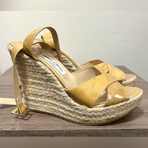 Jimmy Choo Phoenix Espadrille Wedges Patent Leather Nude Size 10 - Picture 3 of 12